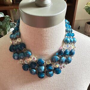 1950s Blue Beaded Necklace, Three Strand Adjustable